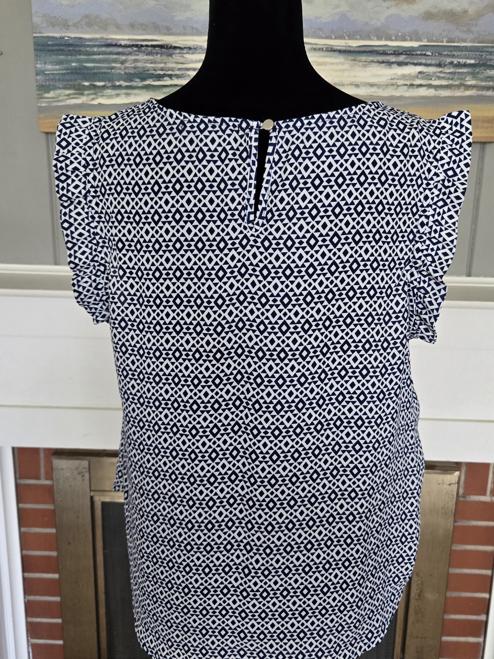 Forever 21 Navy & White Geometric Ruffle Sleeve Blouse - Picture 2 of 4